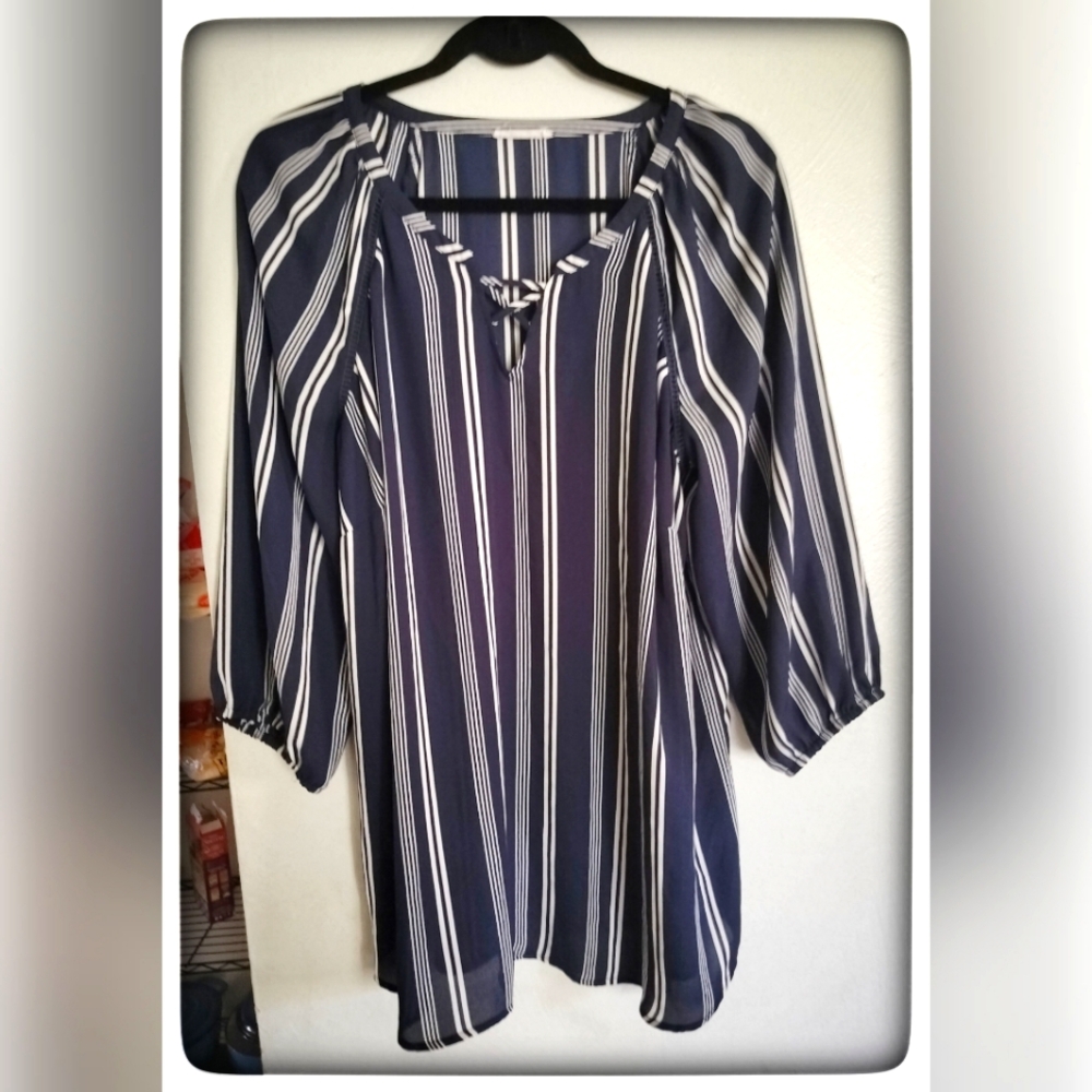 Maurice Navy & White Striped Blouse Sz L